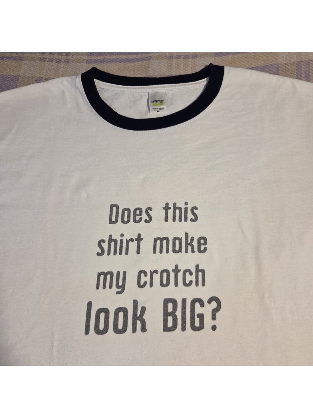 Vtg Does This Shirt Make My Crotch Look Big Funny Graphic Ringer T Shirt XL Y2K